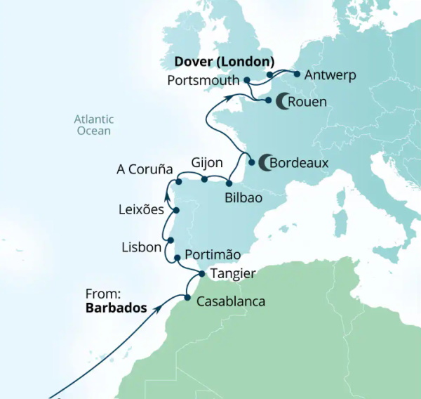 Carte de l’itinéraire Seabourn Ovation, Bridgetown, Barbados → Douvres (Londres), Angleterre, Royaume-Uni