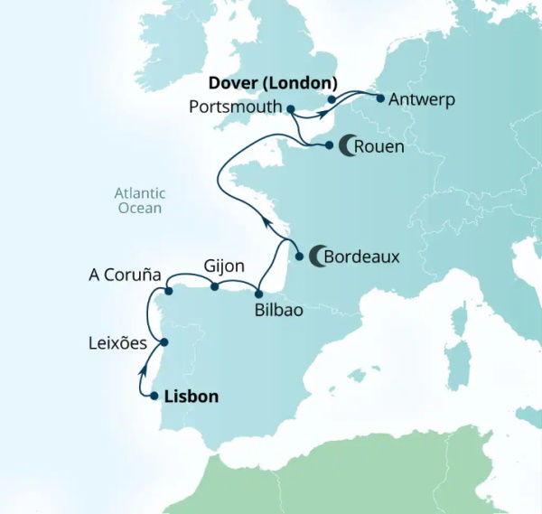 Carte de l’itinéraire Seabourn Ovation, Lisbonne, Portugal → Douvres (Londres), Angleterre, Royaume-Uni