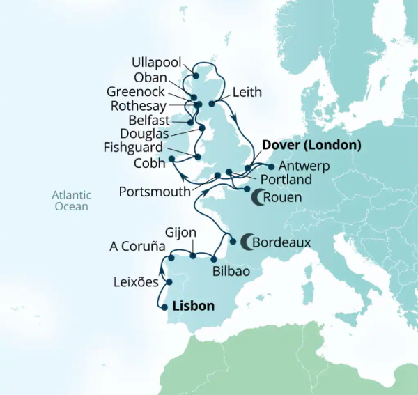 Carte de l’itinéraire Seabourn Ovation, Lisbonne, Portugal → Douvres (Londres), Angleterre, Royaume-Uni