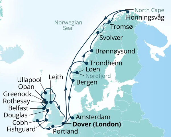 Carte de l’itinéraire Seabourn Ovation, Douvres (Londres), Angleterre, Royaume-Uni → Douvres (Londres), Angleterre, Royaume-Uni