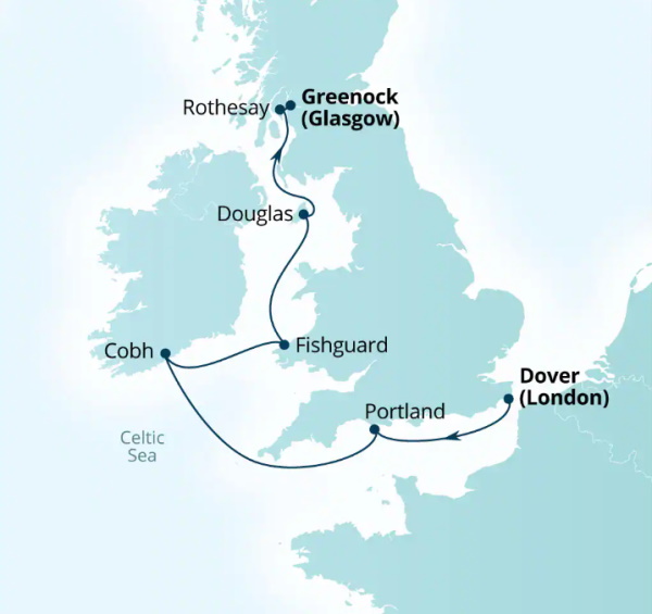 Carte de l’itinéraire Seabourn Ovation, Douvres (Londres), Angleterre, Royaume-Uni → Greenock (Glasgow), Écosse, Unite