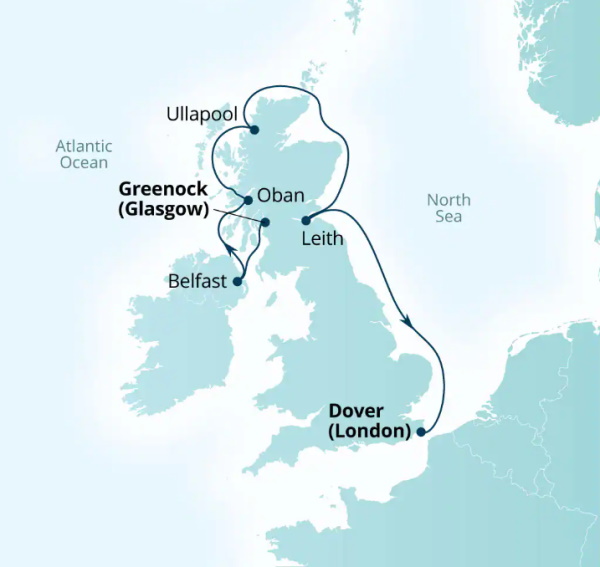 Carte de l’itinéraire Seabourn Ovation, Greenock (Glasgow), Écosse, Unite → Douvres (Londres), Angleterre, Royaume-Uni