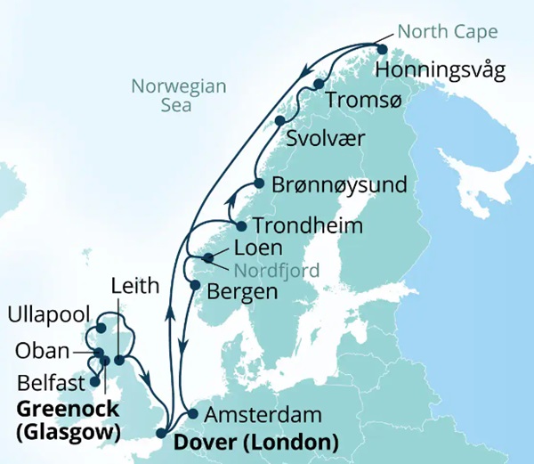 Carte de l’itinéraire Seabourn Ovation, Greenock (Glasgow), Écosse, Unite → Douvres (Londres), Angleterre, Royaume-Uni