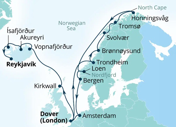Carte de l’itinéraire Seabourn Ovation, Douvres (Londres), Angleterre, Royaume-Uni → Reykjavík, Islande