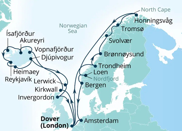 Carte de l’itinéraire Seabourn Ovation, Douvres (Londres), Angleterre, Royaume-Uni → Douvres (Londres), Angleterre, Royaume-Uni