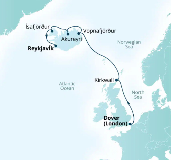 Carte de l’itinéraire Seabourn Ovation, Douvres (Londres), Angleterre, Royaume-Uni → Reykjavík, Islande