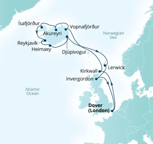 Carte de l’itinéraire Seabourn Ovation, Douvres (Londres), Angleterre, Royaume-Uni → Douvres (Londres), Angleterre, Royaume-Uni