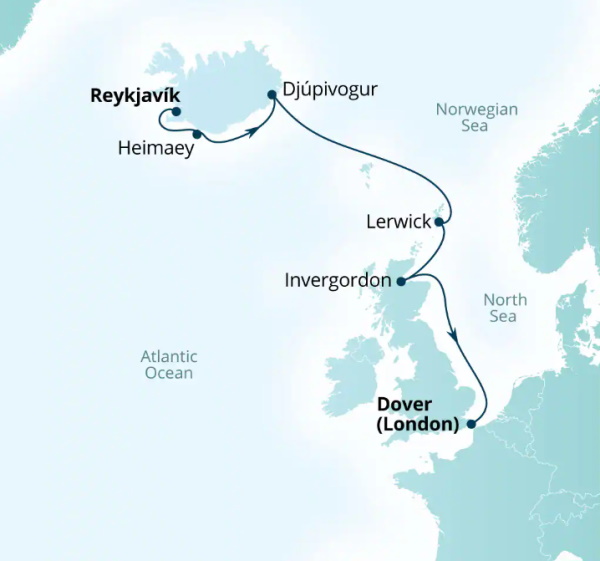 Carte de l’itinéraire Seabourn Ovation, Reykjavík, Islande → Douvres (Londres), Angleterre, Royaume-Uni