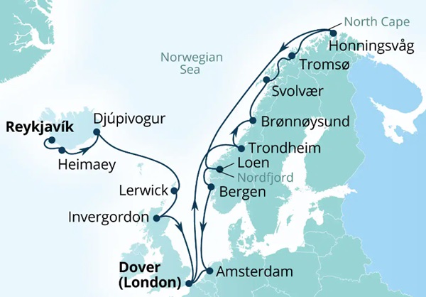 Carte de l’itinéraire Seabourn Ovation, Reykjavík, Islande → Douvres (Londres), Angleterre, Royaume-Uni