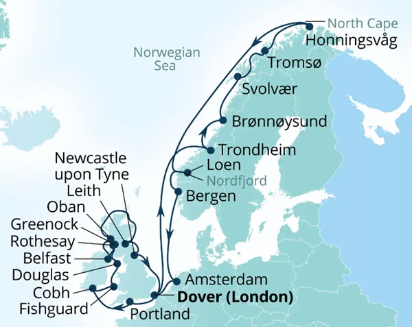 Carte de l’itinéraire Seabourn Ovation, Douvres (Londres), Angleterre, Royaume-Uni → Douvres (Londres), Angleterre, Royaume-Uni