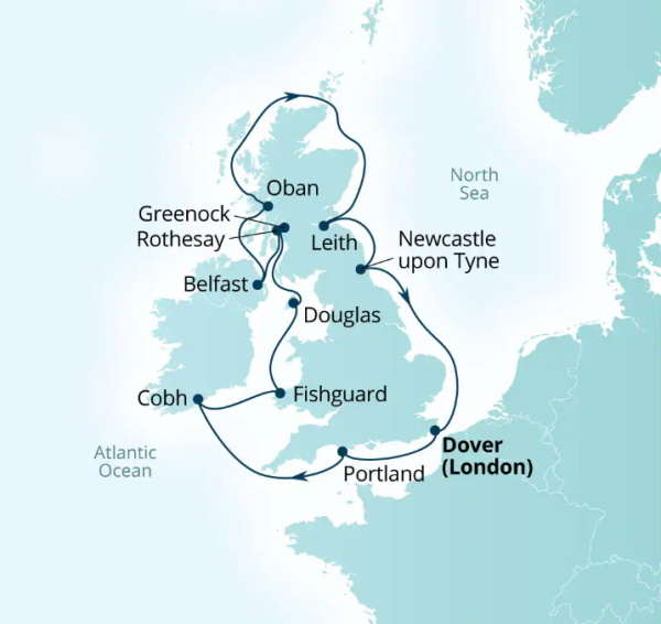 Carte de l’itinéraire Seabourn Ovation, Douvres (Londres), Angleterre, Royaume-Uni → Douvres (Londres), Angleterre, Royaume-Uni