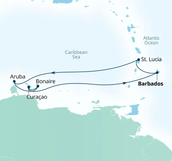 Carte de l’itinéraire Seabourn Ovation, Bridgetown, Barbados → Bridgetown, Barbados