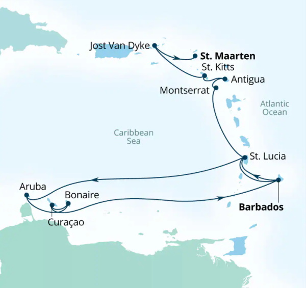 Carte de l’itinéraire Seabourn Ovation, Bridgetown, Barbados → Philipsburg, Sint Maarten