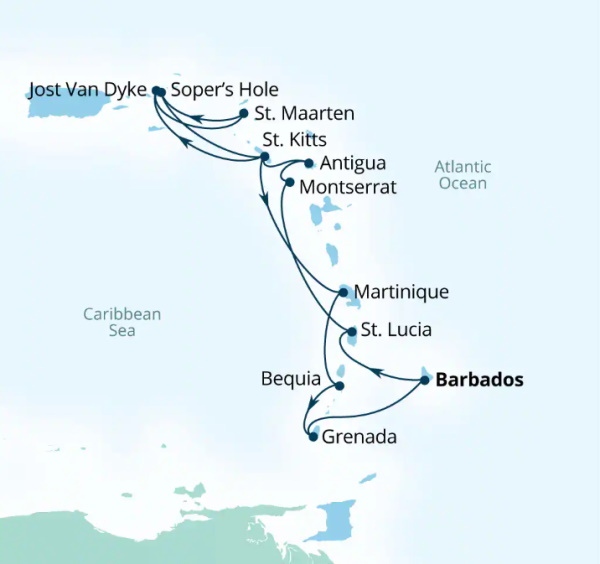 Carte de l’itinéraire Seabourn Ovation, Bridgetown, Barbados → Bridgetown, Barbados