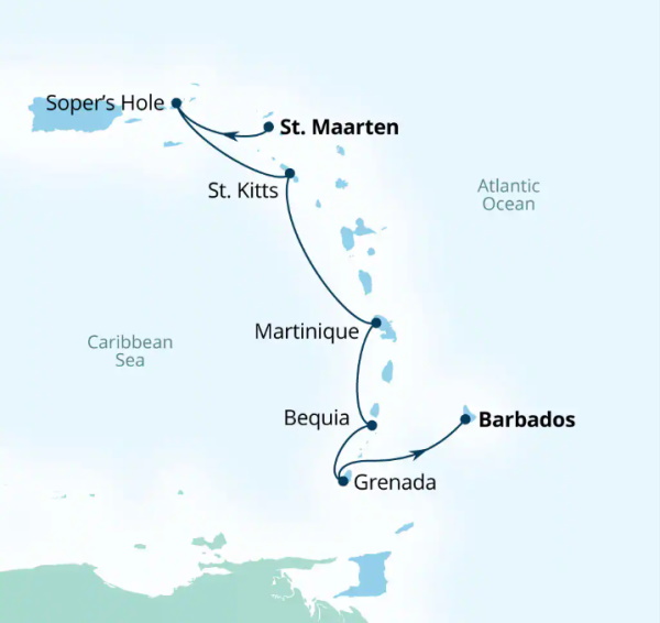 Carte de l’itinéraire Seabourn Ovation, Philipsburg, Sint Maarten → Bridgetown, Barbados