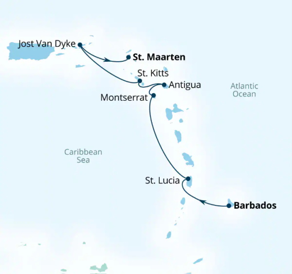 Carte de l’itinéraire Seabourn Ovation, Bridgetown, Barbados → Philipsburg, Sint Maarten