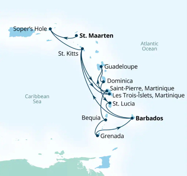 Carte de l’itinéraire Seabourn Ovation, Philipsburg, Sint Maarten → Bridgetown, Barbados