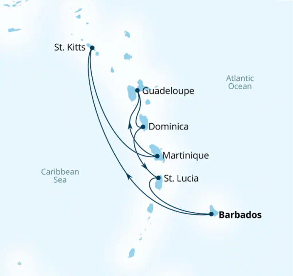 Carte de l’itinéraire Seabourn Ovation, Bridgetown, Barbados → Bridgetown, Barbados