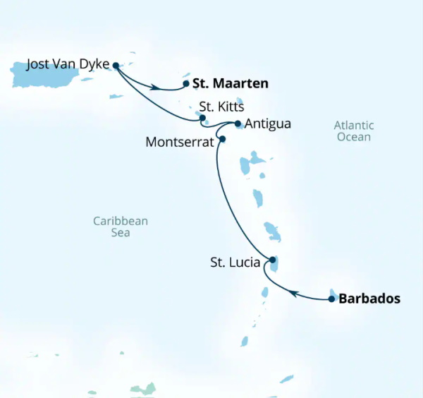 Carte de l’itinéraire Seabourn Ovation, Bridgetown, Barbados → Philipsburg, Sint Maarten