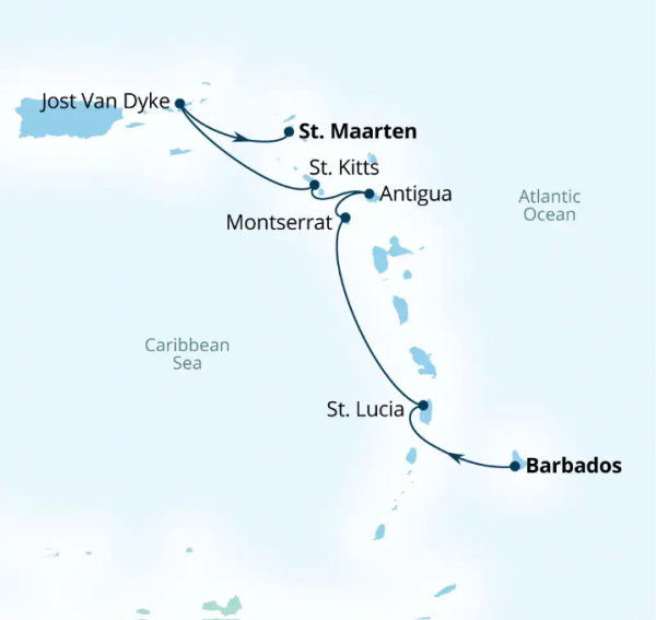 Carte de l’itinéraire Seabourn Ovation, Bridgetown, Barbados → Philipsburg, Sint Maarten