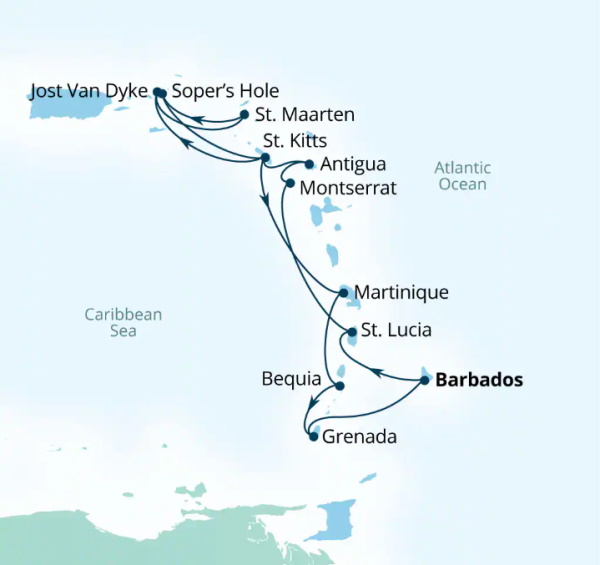 Carte de l’itinéraire Seabourn Ovation, Bridgetown, Barbados → Bridgetown, Barbados