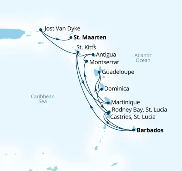 Carte de l’itinéraire Seabourn Ovation, Bridgetown, Barbados → Philipsburg, Sint Maarten