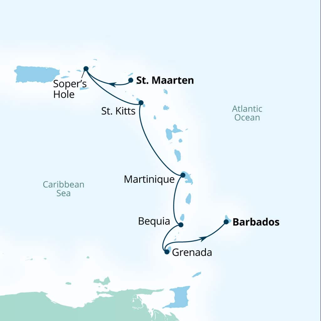 Carte de l’itinéraire Seabourn Ovation, Philipsburg, Sint Maarten → Bridgetown, Barbados