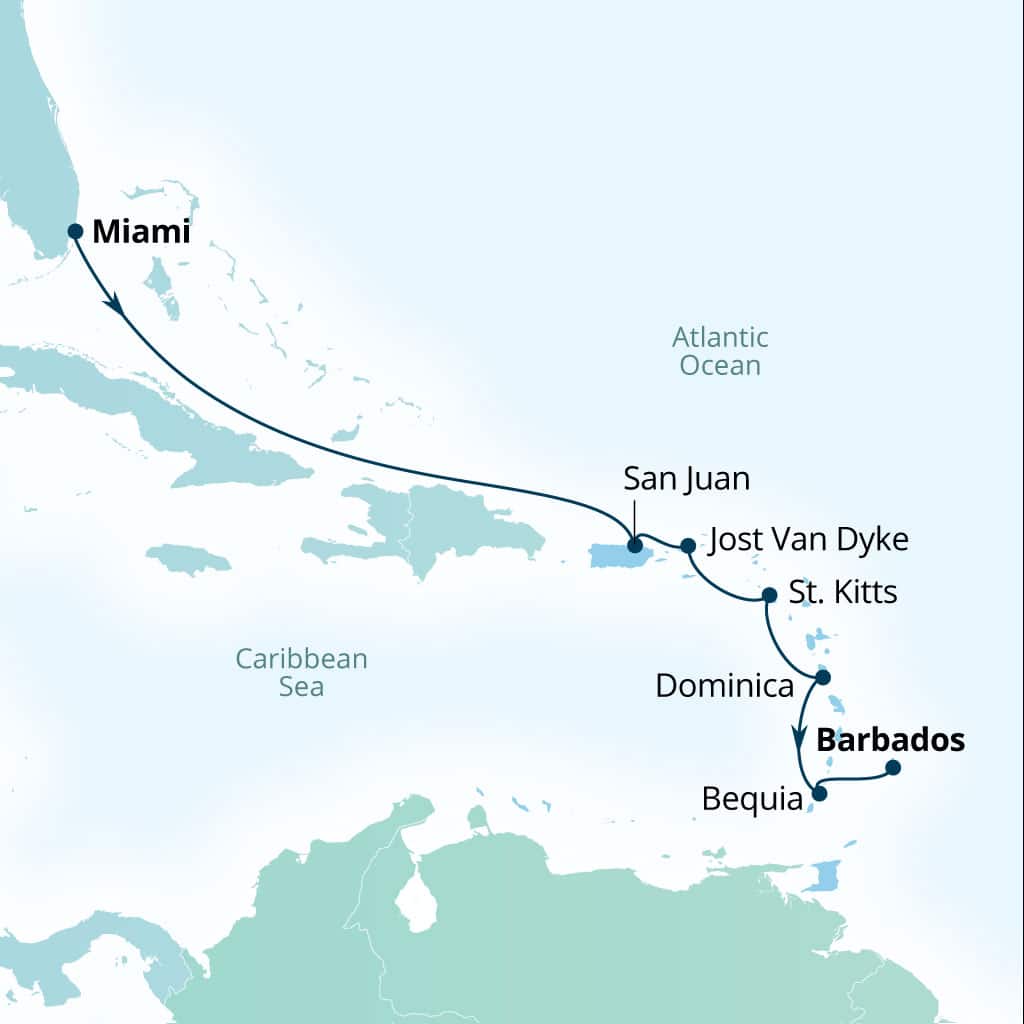 Carte de l’itinéraire Seabourn Ovation, Miami, Florida, États-Unis → Bridgetown, Barbados