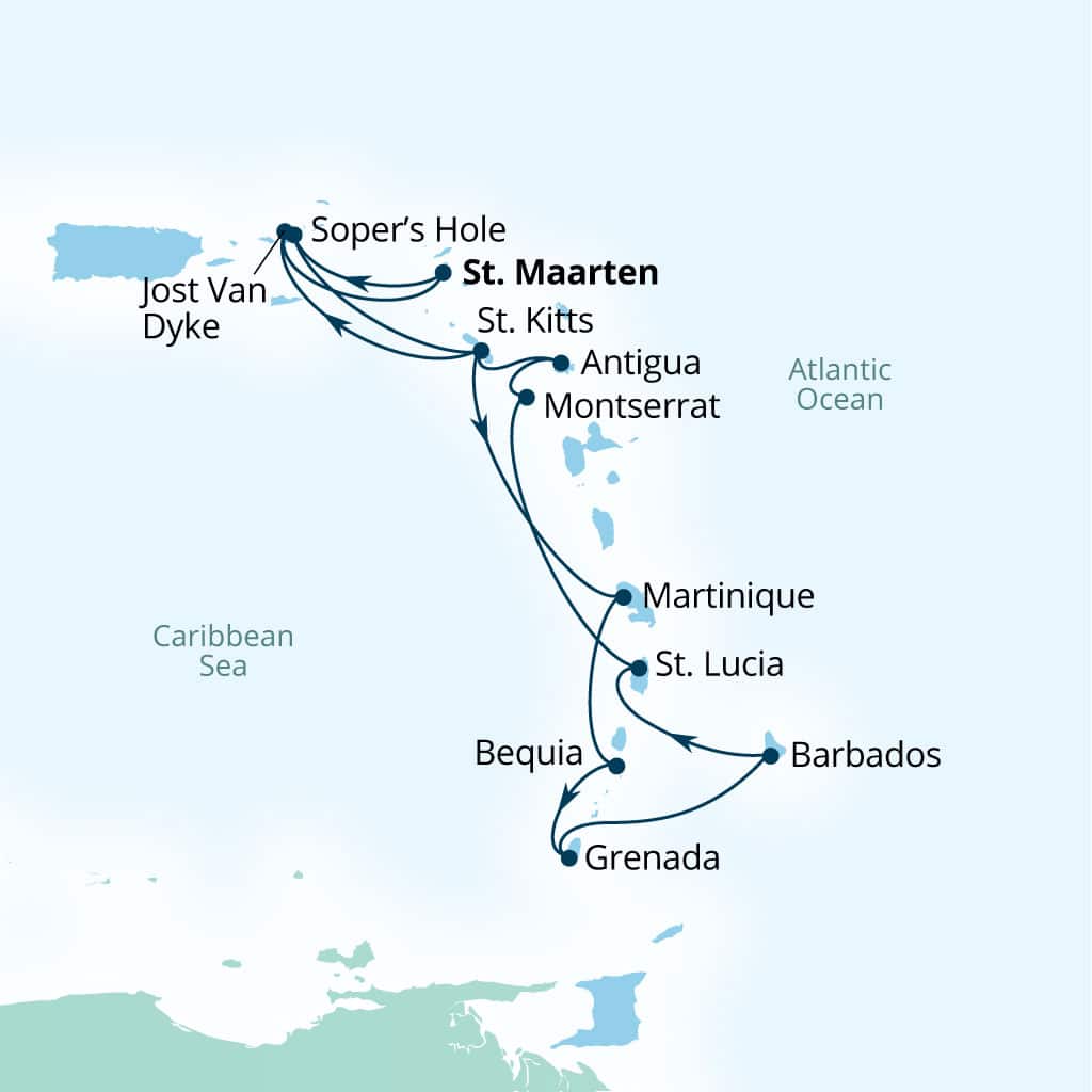 Carte de l’itinéraire Seabourn Ovation, Philipsburg, Sint Maarten → Bridgetown, Barbados