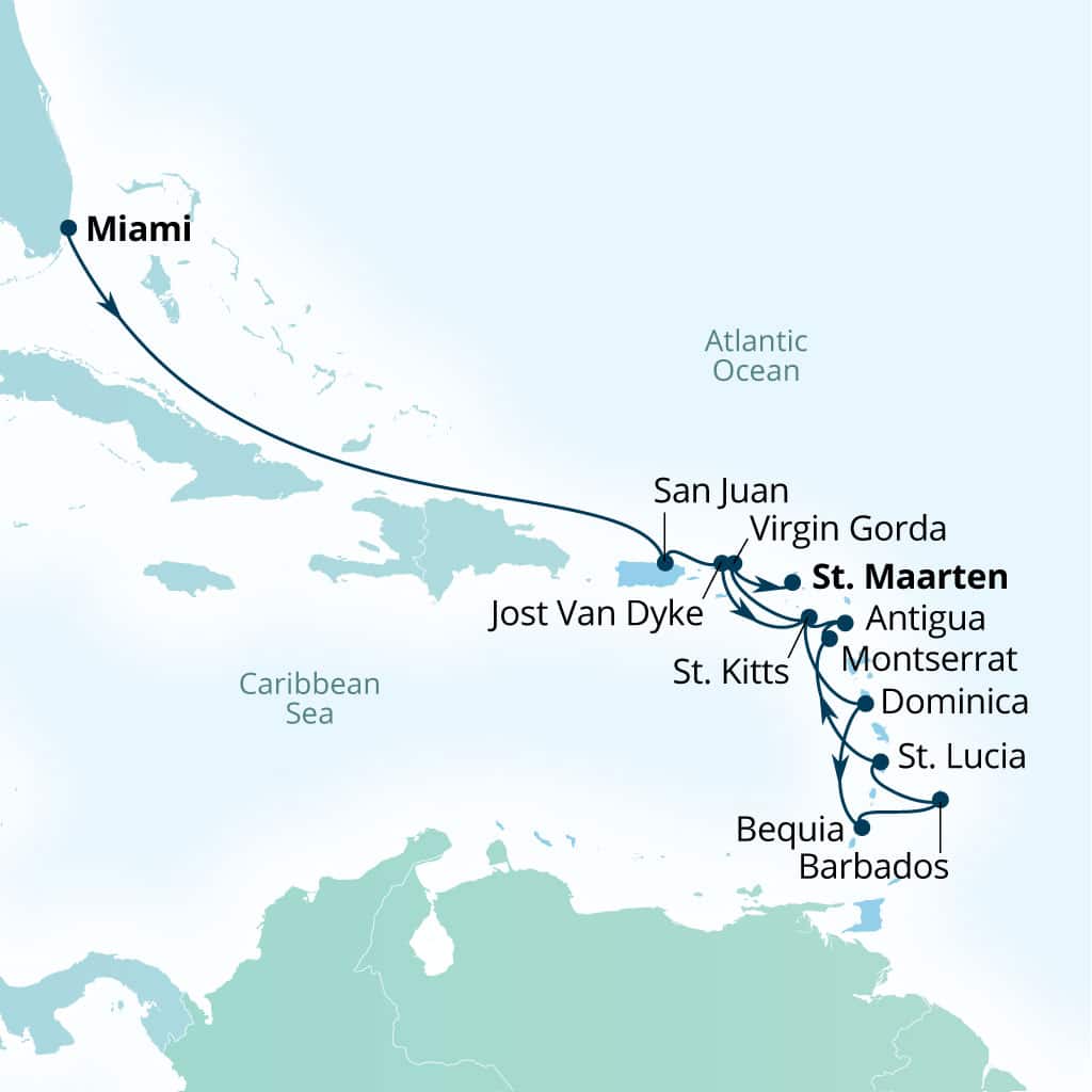 Carte de l’itinéraire Seabourn Ovation, Miami, Florida, États-Unis → Philipsburg, Sint Maarten