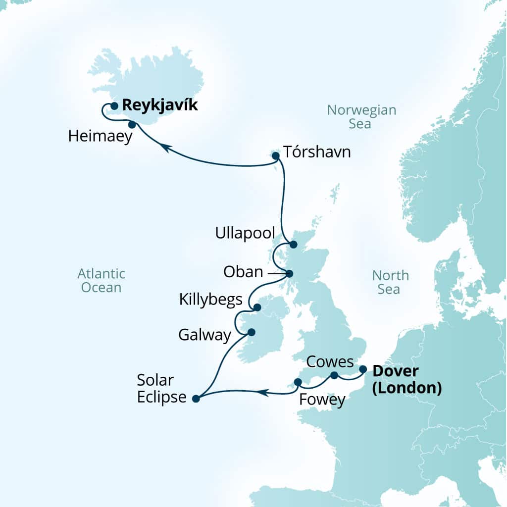 Carte de l’itinéraire Seabourn Ovation, Douvres (Londres), Angleterre, Royaume-Uni → Reykjavík, Islande