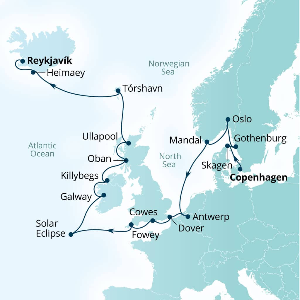 Carte de l’itinéraire Seabourn Ovation, Copenhague, Danemark → Reykjavík, Islande