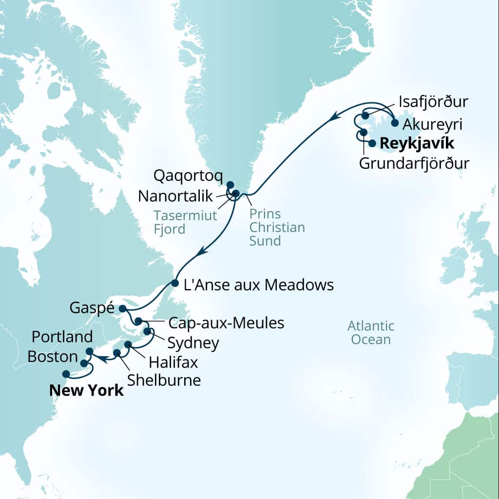 Carte de l’itinéraire Seabourn Ovation, Reykjavík, Islande → New York, New York, États-Unis
