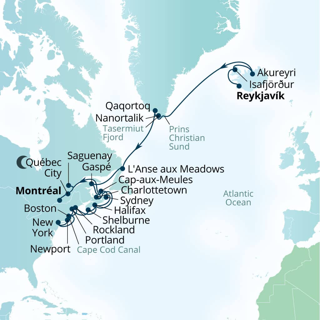 Carte de l’itinéraire Seabourn Ovation, Reykjavík, Islande → Montreal, Quebec, Canada
