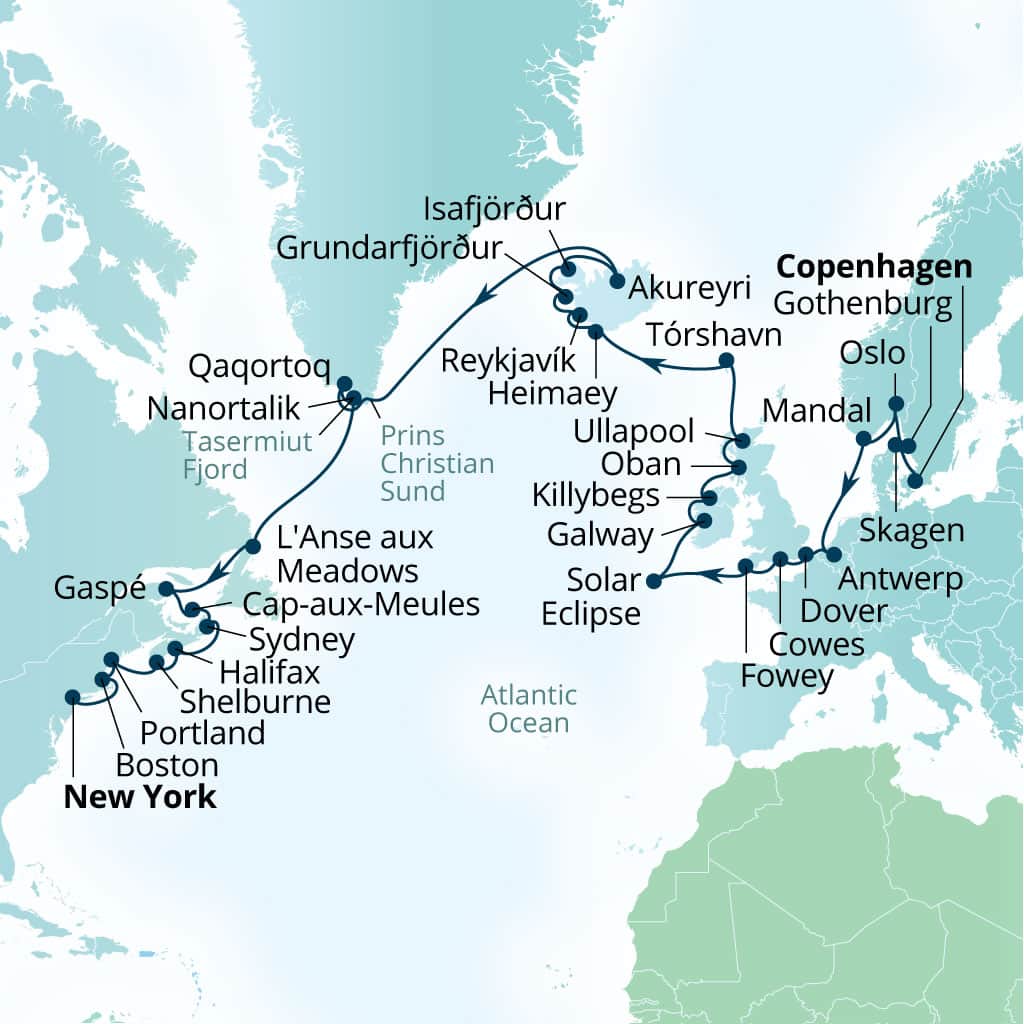 Carte de l’itinéraire Seabourn Ovation, Copenhague, Danemark → New York, New York, États-Unis