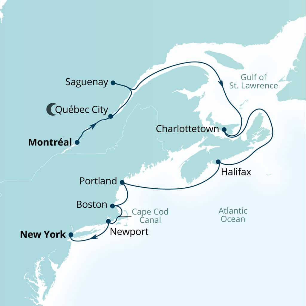 Carte de l’itinéraire Seabourn Ovation, Montreal, Quebec, Canada → New York, New York, États-Unis
