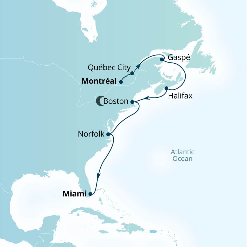 Carte de l’itinéraire Seabourn Ovation, Montreal, Quebec, Canada → Miami, Florida, États-Unis