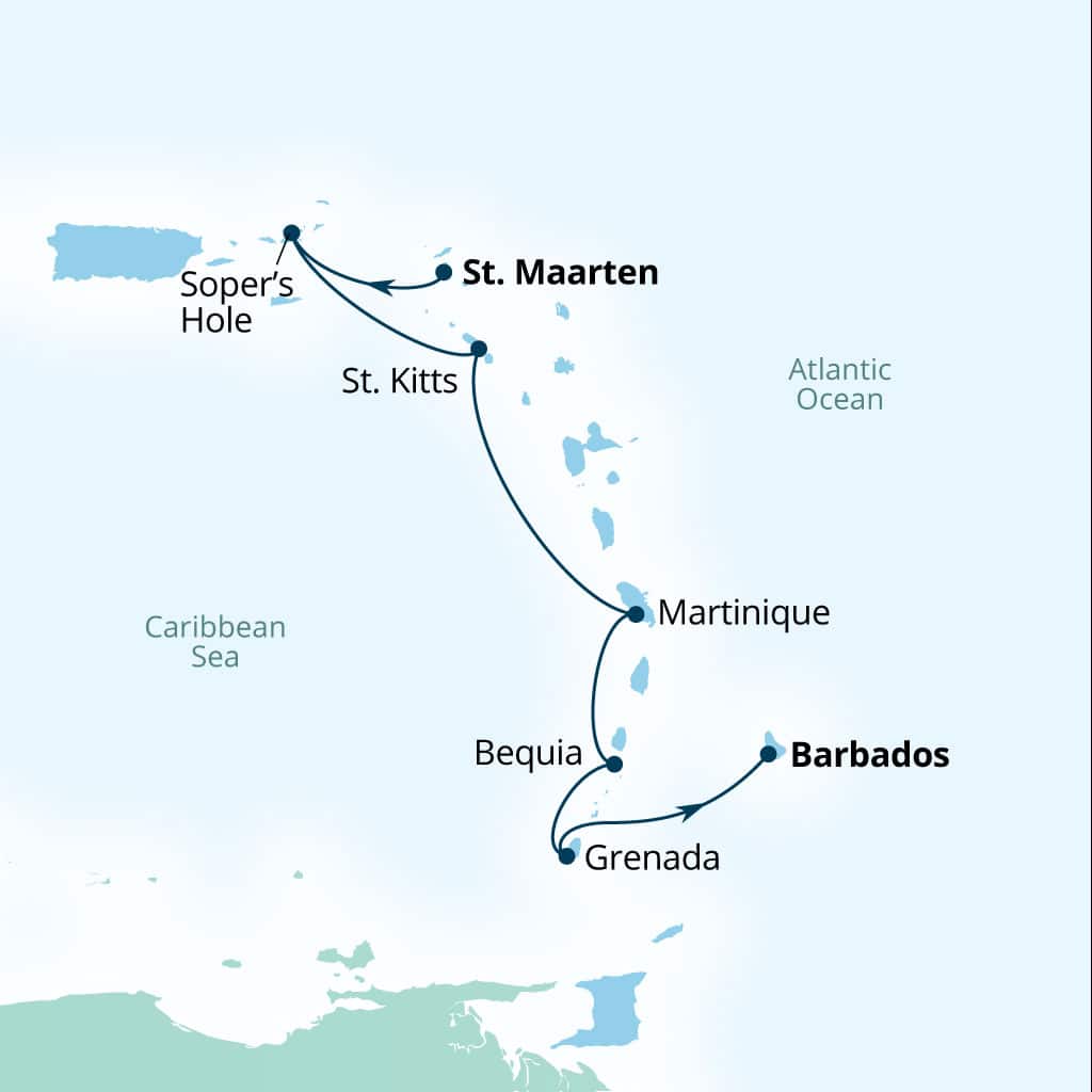 Carte de l’itinéraire Seabourn Ovation, Philipsburg, Sint Maarten → Bridgetown, Barbados