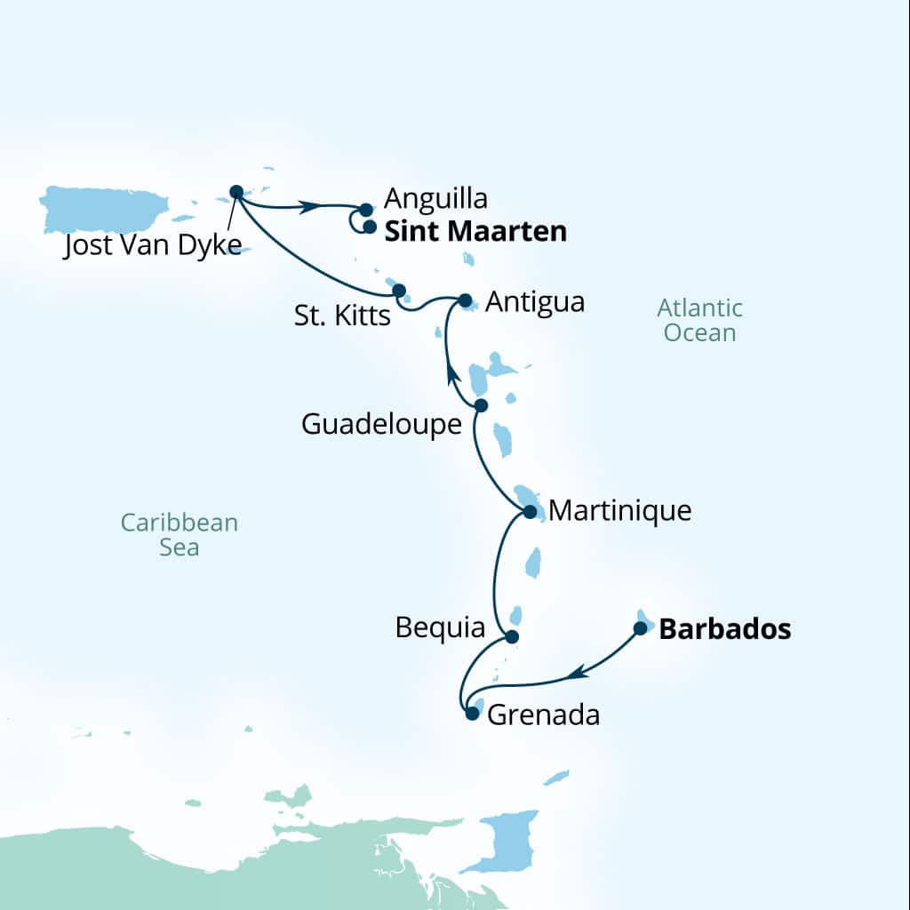 Carte de l’itinéraire Seabourn Ovation, Bridgetown, Barbados → Philipsburg, Sint Maarten