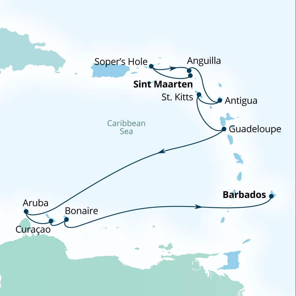 Carte de l’itinéraire Seabourn Ovation, Philipsburg, Sint Maarten → Bridgetown, Barbados