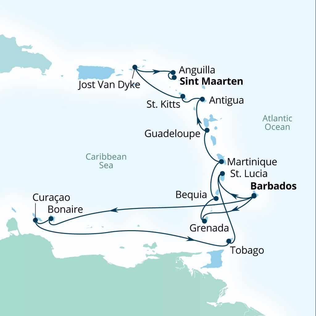 Carte de l’itinéraire Seabourn Ovation, Bridgetown, Barbados → Philipsburg, Sint Maarten