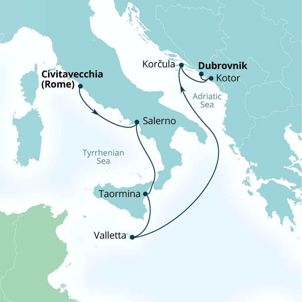 Carte de l’itinéraire Seabourn Ovation, Civitavecchia (Rome), Italie → Dubrovnik, Croatie