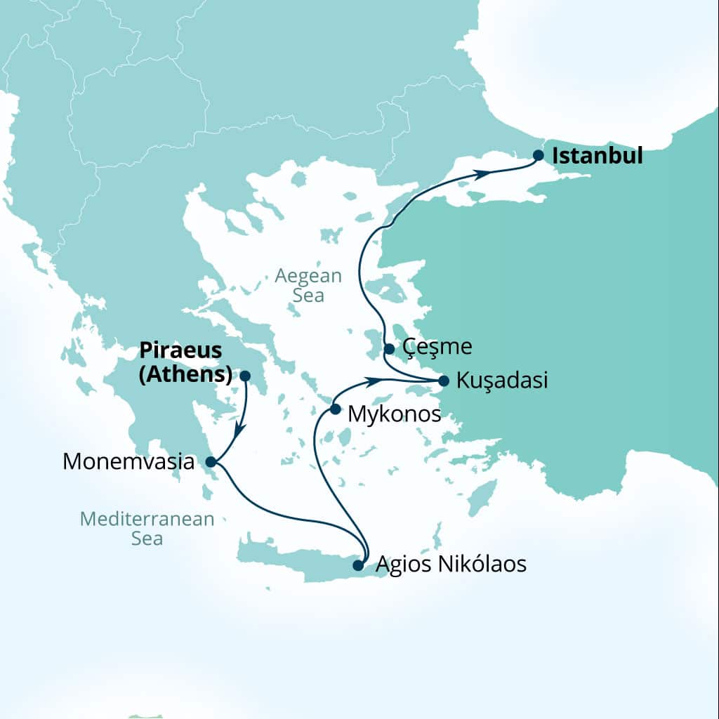 Carte de l’itinéraire Seabourn Ovation, Le Pirée (Athènes), Grèce → Istanbul, Turquie