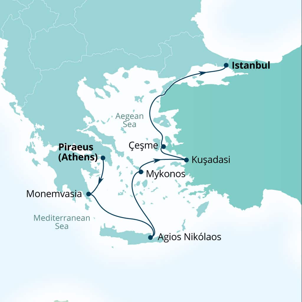 Carte de l’itinéraire Seabourn Ovation, Le Pirée (Athènes), Grèce → Istanbul, Turquie