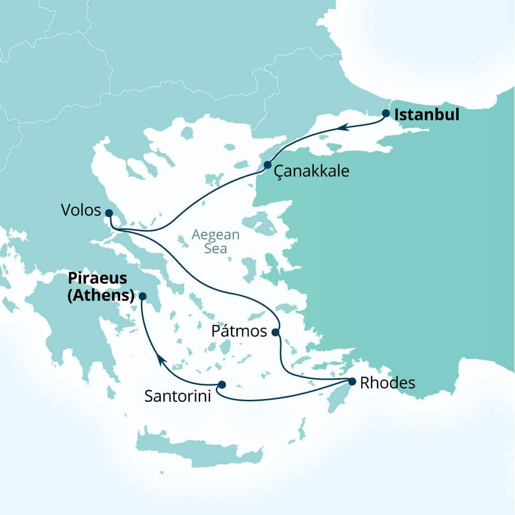 Carte de l’itinéraire Seabourn Ovation, Istanbul, Turquie → Le Pirée (Athènes), Grèce
