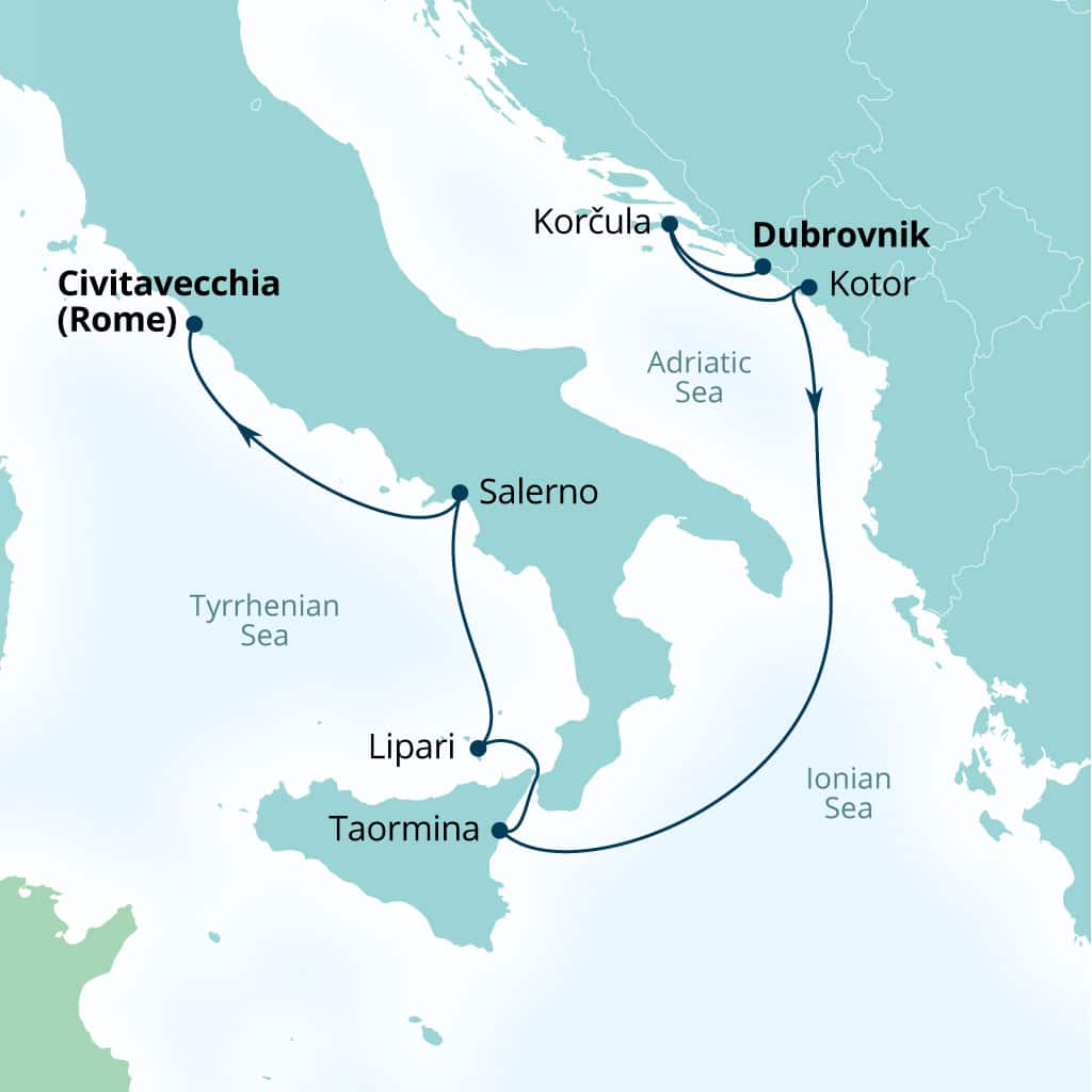 Carte de l’itinéraire Seabourn Ovation, Dubrovnik, Croatie → Civitavecchia (Rome), Italie