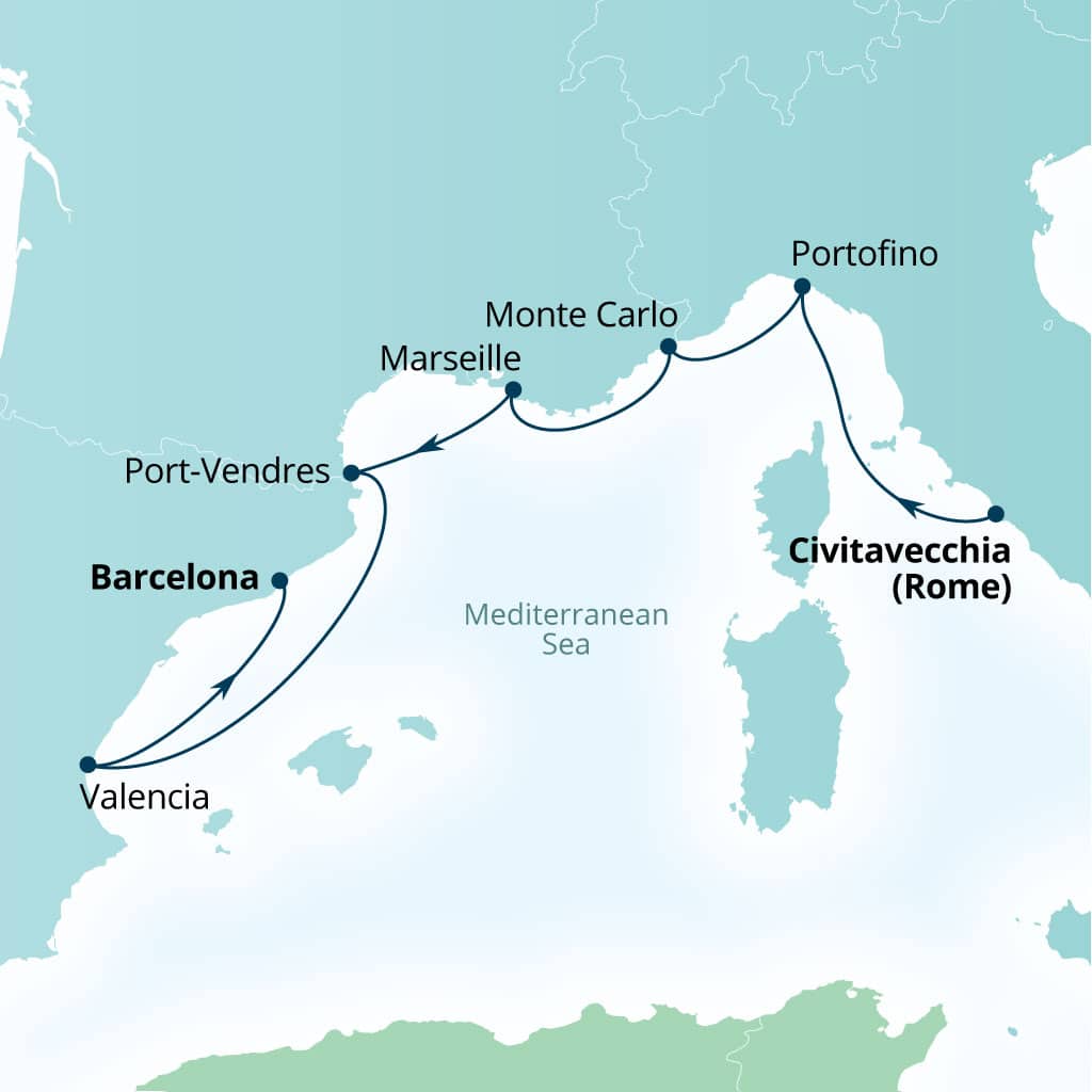 Carte de l’itinéraire Seabourn Ovation, Civitavecchia (Rome), Italie → Barcelone, Espagne