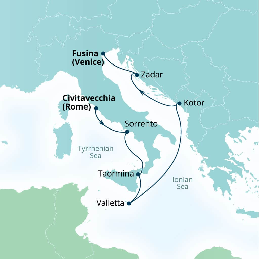 Carte de l’itinéraire Seabourn Ovation, Civitavecchia (Rome), Italie → Fusina (Venise), Italie