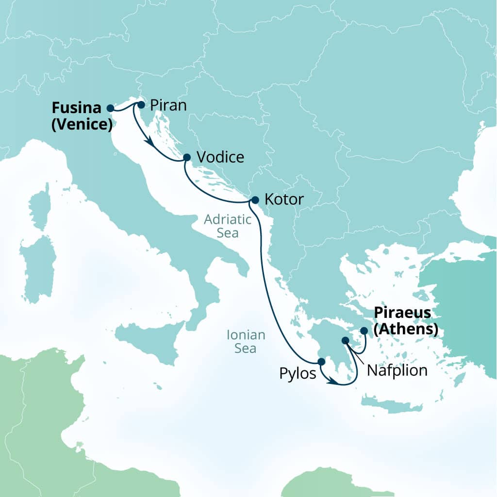 Carte de l’itinéraire Seabourn Ovation, Fusina (Venise), Italie → Le Pirée (Athènes), Grèce