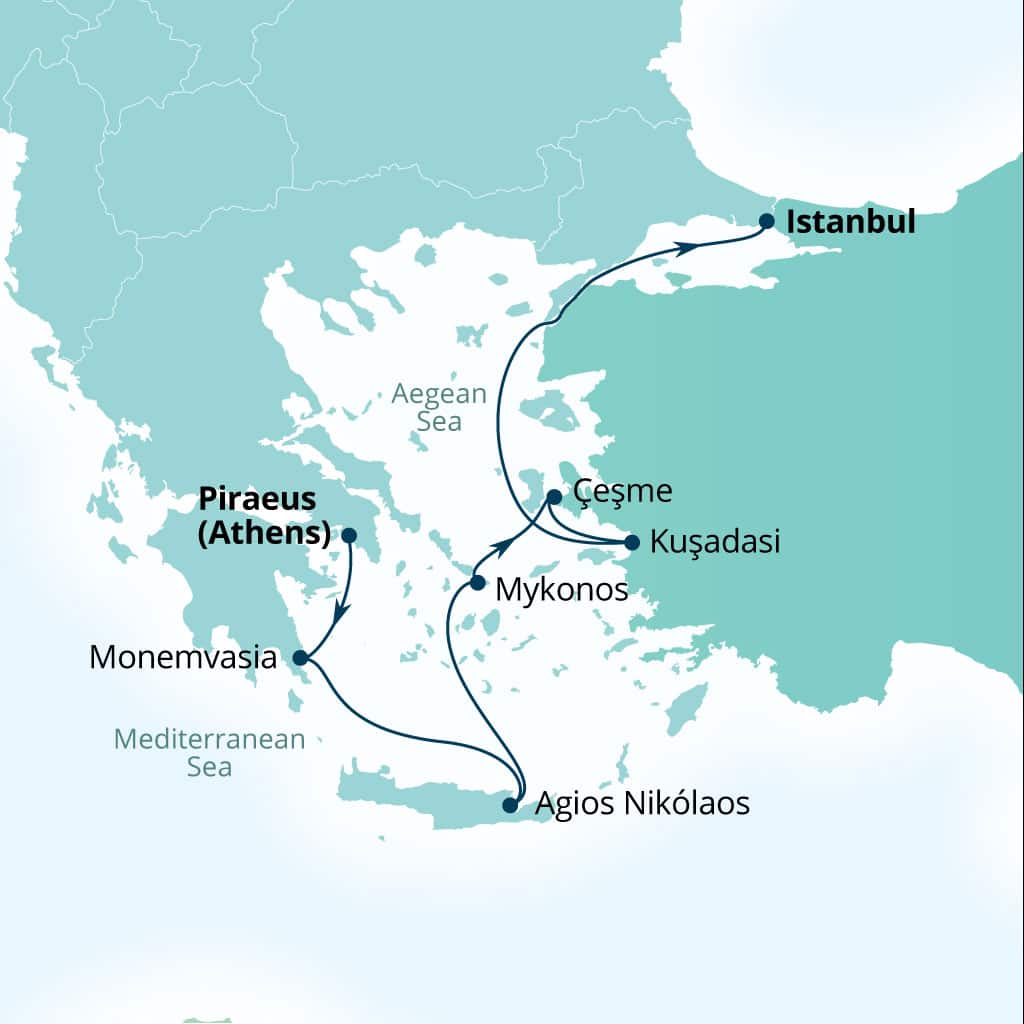 Carte de l’itinéraire Seabourn Ovation, Le Pirée (Athènes), Grèce → Istanbul, Turquie